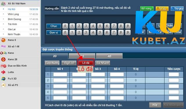 Giao diện đánh Lô xiên tại Kubet trên PC